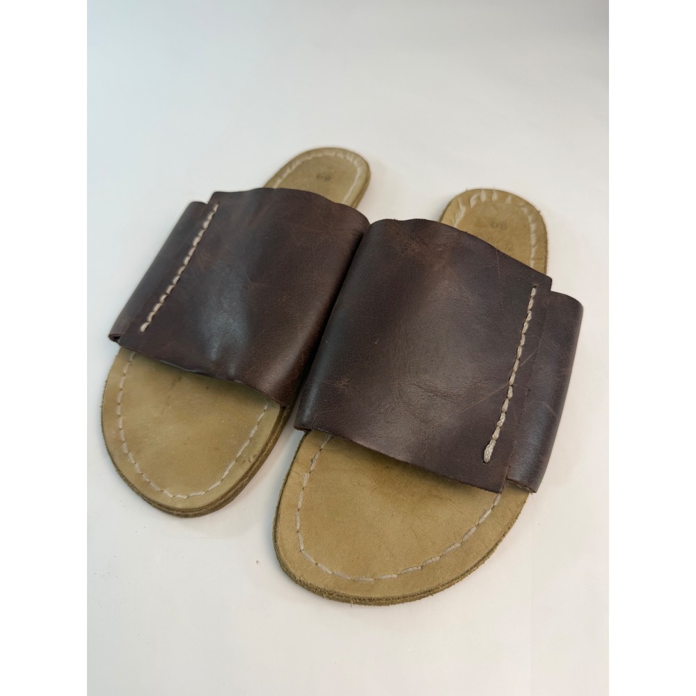Ethi Handcrafted Turkey Brown Leather Slide Sandals Mens 41 Contrast Stitch Flat